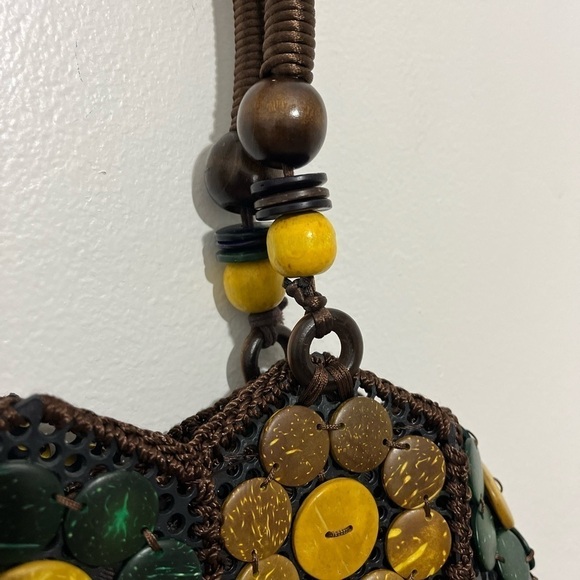 Handcrafted vintage bag coconut shell brown knit colorful bead floral boho Fall - Picture 4 of 11